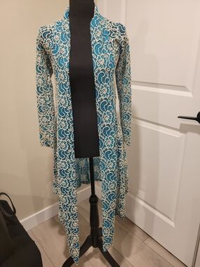 Open-Front Teal and Cream Lace Knit Duster Cardigan